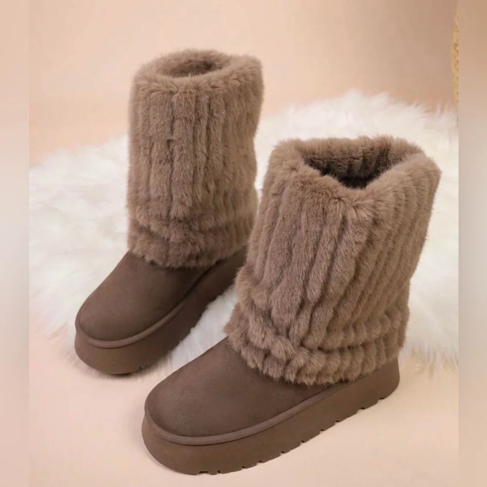 Women's Faux Fur Mid-Calf Winter Boots - Taupe. Size 40